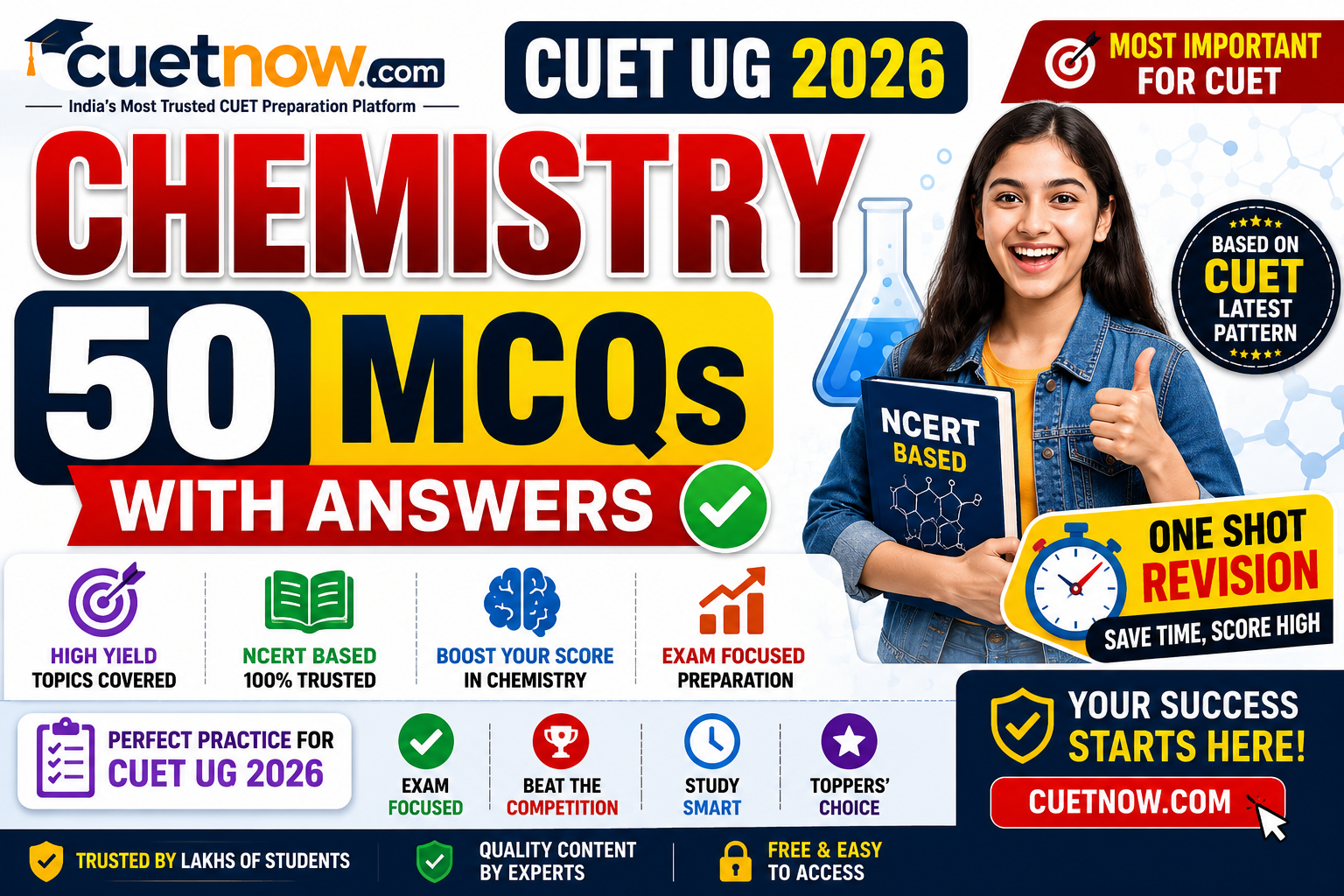 CUET UG 2026 Chemistry MCQs with Answers PDF | Top 50 Important Questions